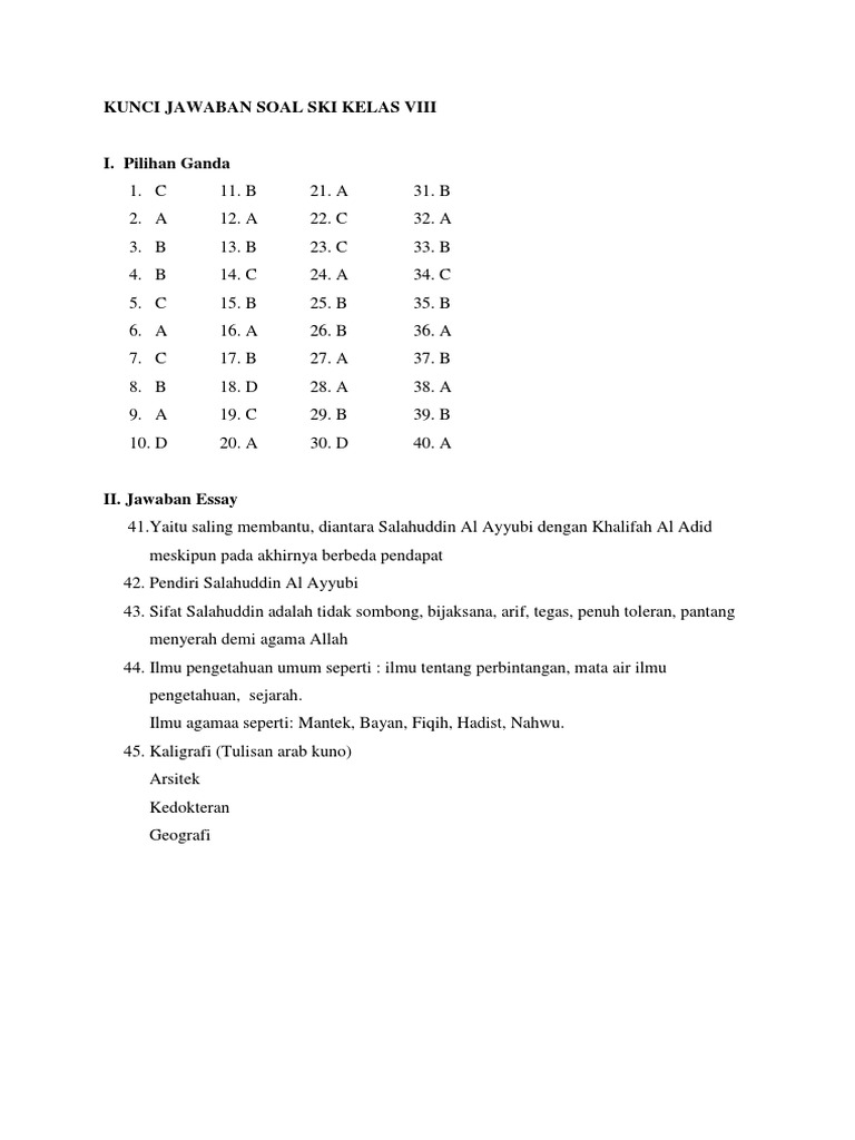 Soal Ski Kelas 10 Semester 1 Dan Kunci Jawaban