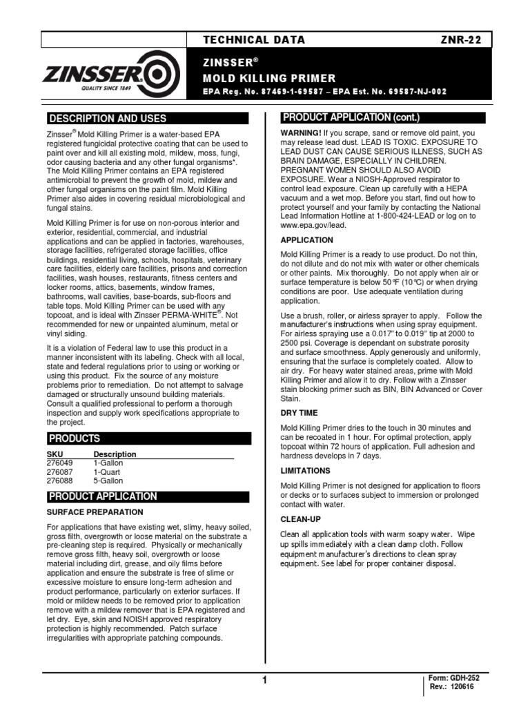 ZNR22 Zinsser Mold Killing Primer PDF Mold Materials