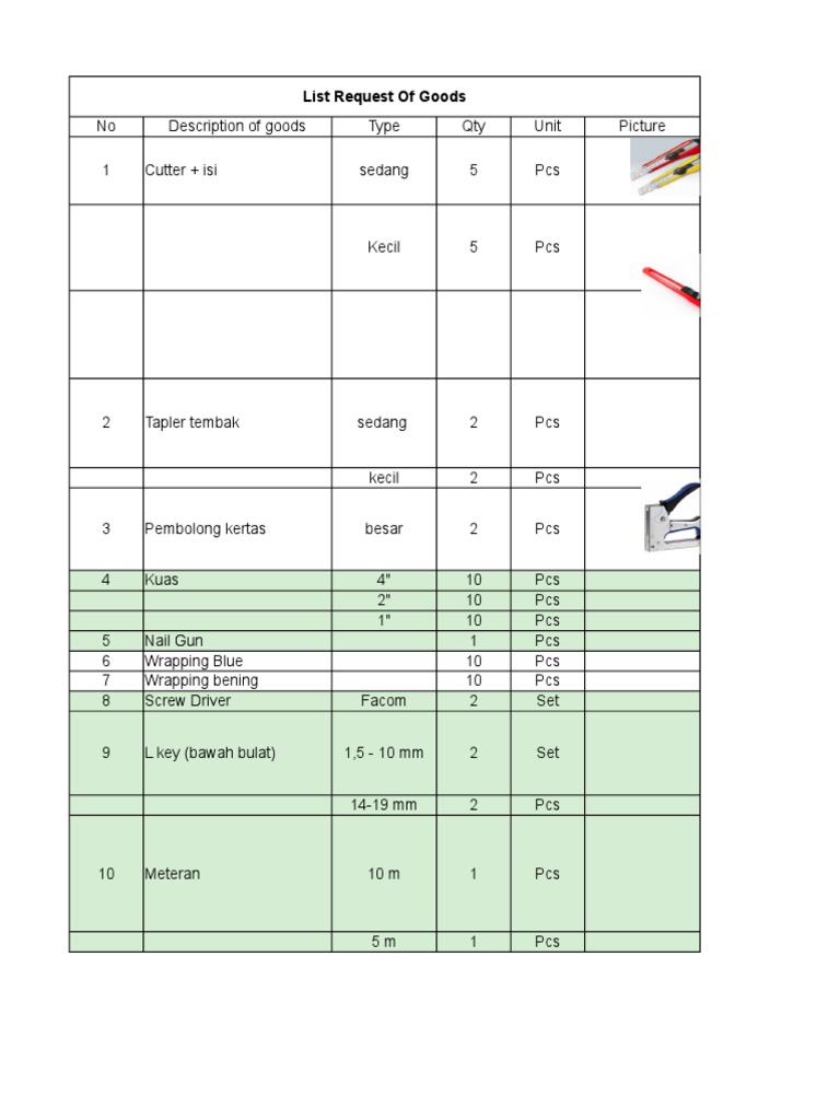 Goods Request List Including Scote Brite | PDF