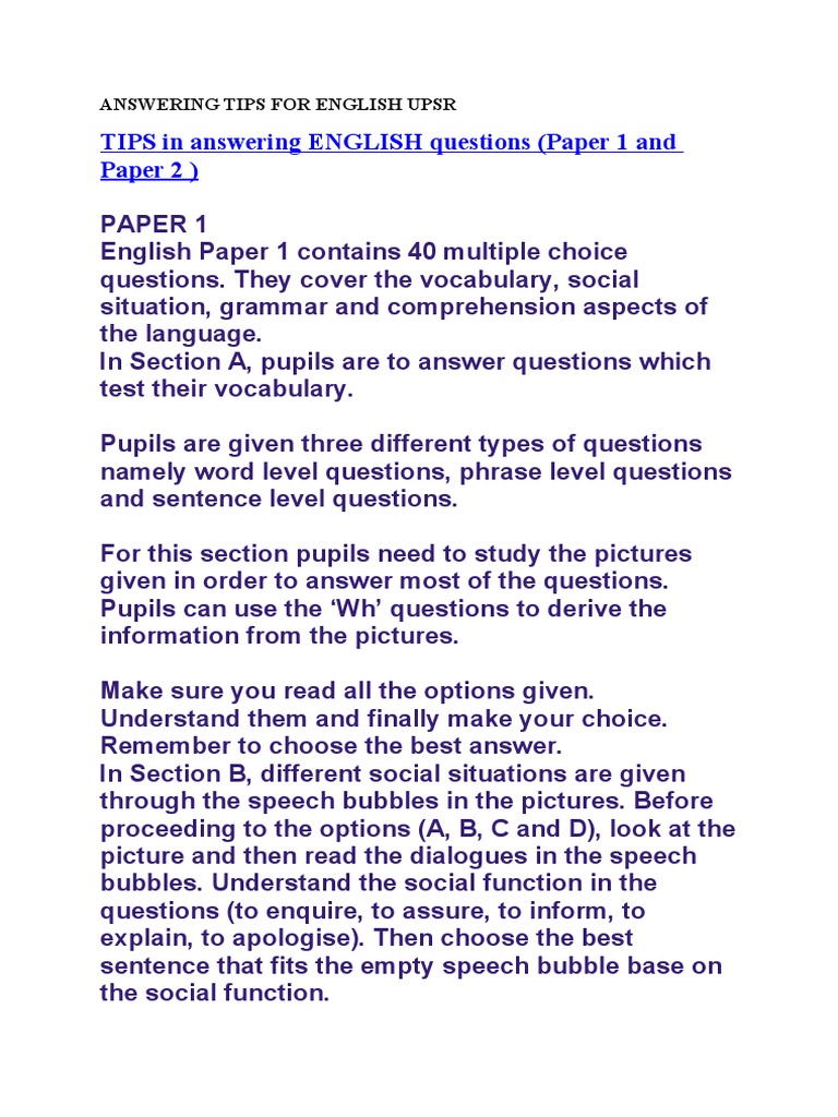 English UPSR Answering Tips Guide | PDF | Question | Reading Comprehension