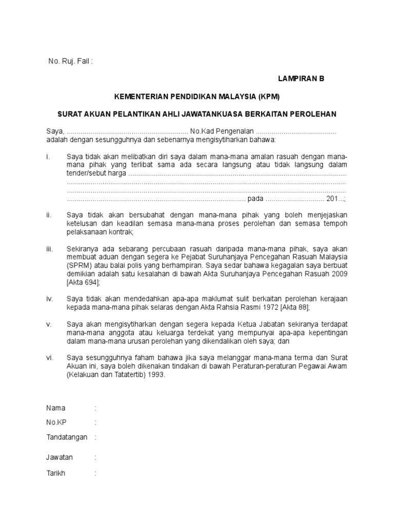 Surat Akuan Perlantikan Ahli Jawatankuasa Berkaitan Perolehan Pdf
