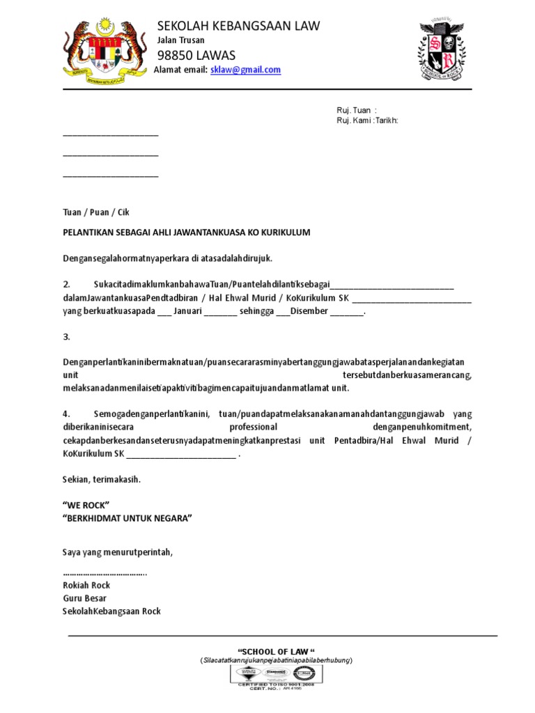 Contoh Surat Lantikan Ajk Ko Kurikulum  PDF