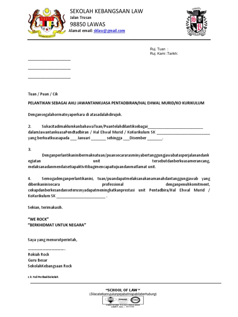 Contoh Surat Lantikan Gpk Pentadbiran Skm