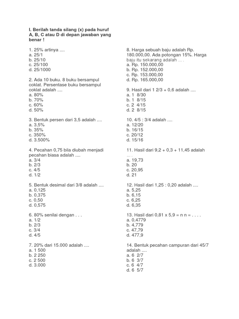 Soal Pecahan dan Persen Kelas 5 SD | PDF