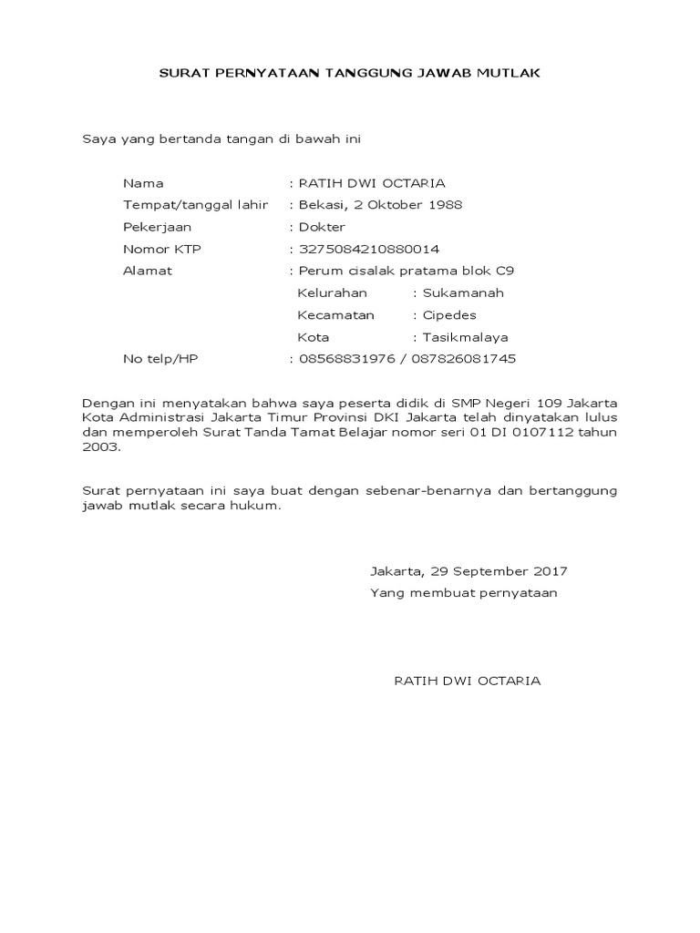 Surat Pernyataan Tanggung Jawab Mutlak