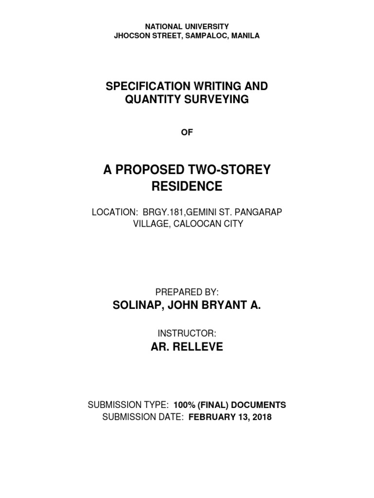 A Proposed Two-Storey Residence: Specification Writing and Quantity