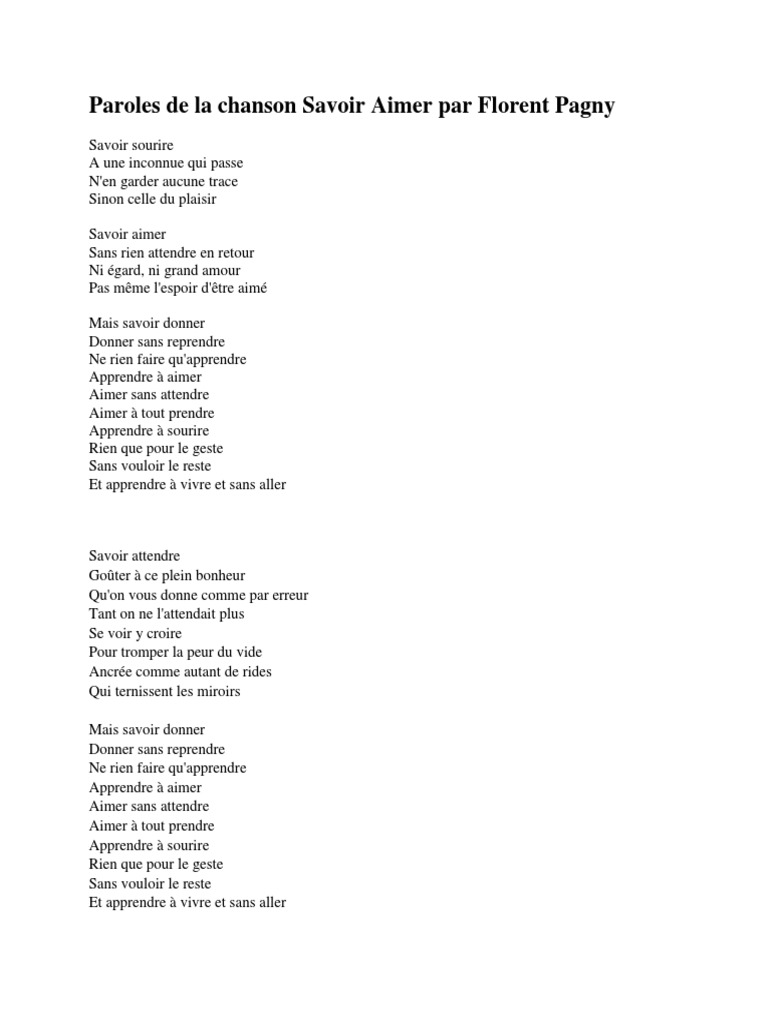 Paroles de La Chanson Savoir Aimer Par Florent Pagny