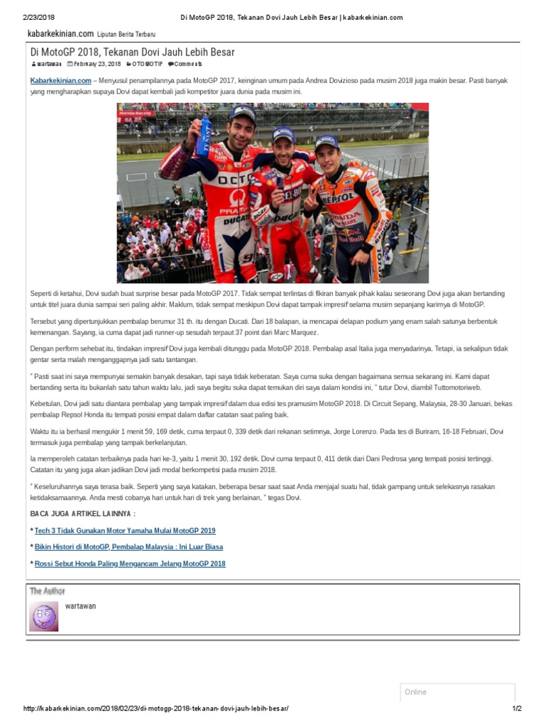 Di MotoGP 2018 Tekanan Dovi Jauh Lebih Besar Kabarkekiniancom
