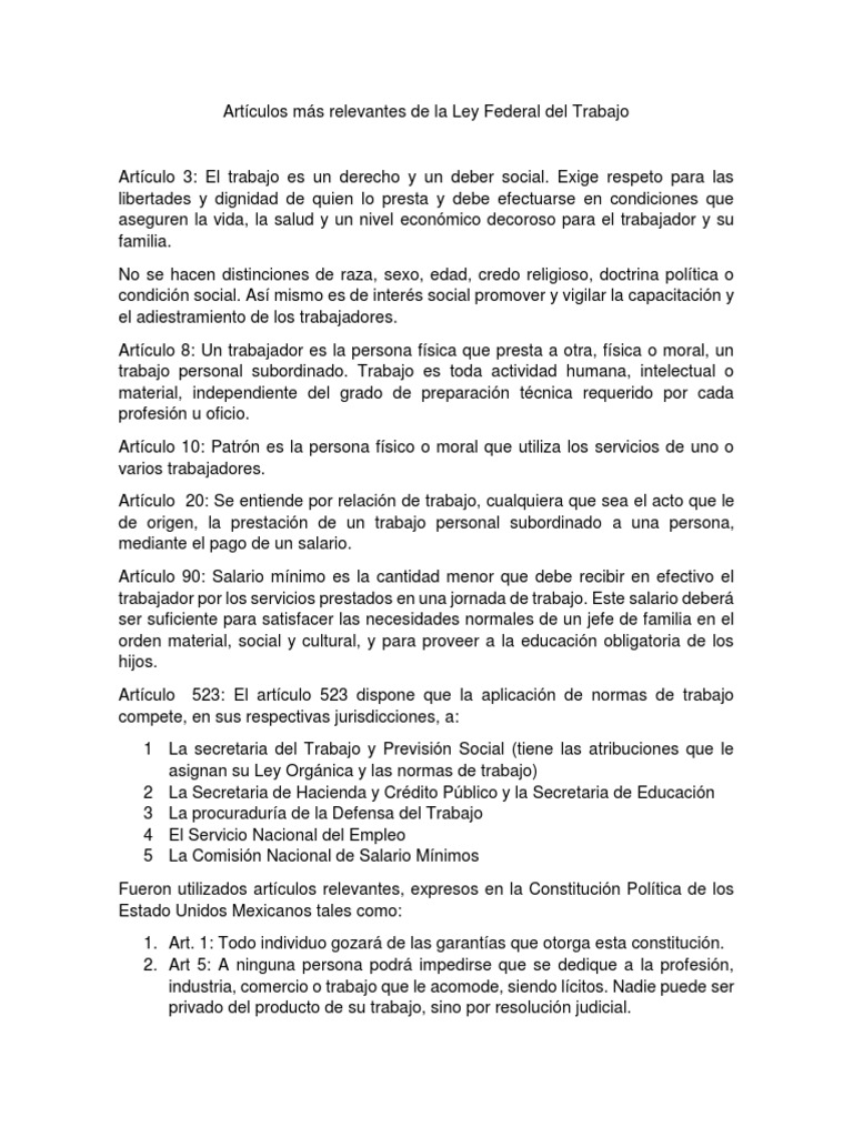 Artículos Más Relevantes de La Ley Federal Del Trabajo