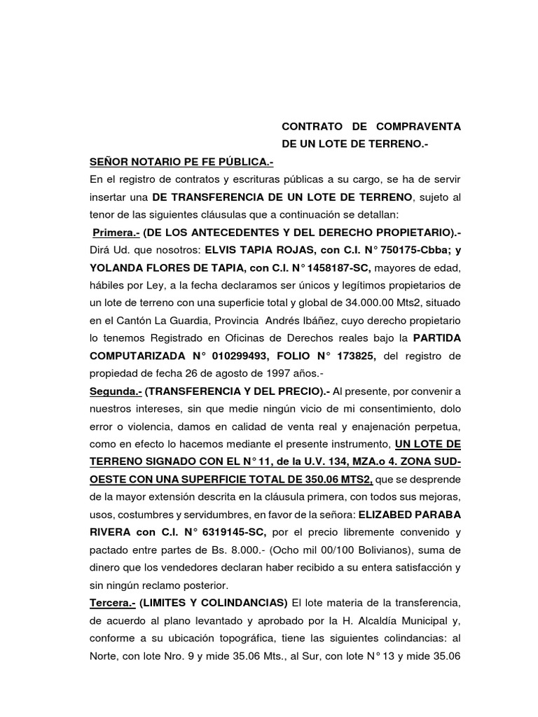 Contrato de Compraventa de Un Lote de Terreno Conceptos