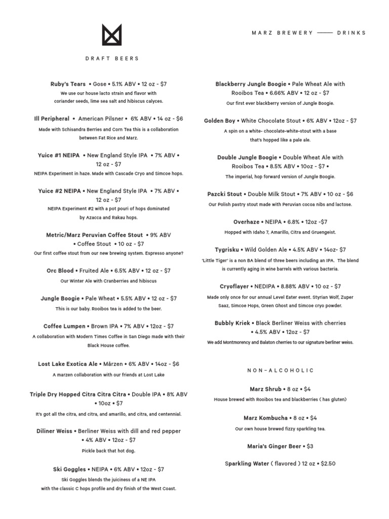 Marz Brewing Food and Drink Menu | PDF | Sausage | Salad