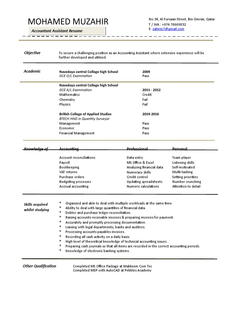 Accounting Assistant Resume Bookkeeg Accounting