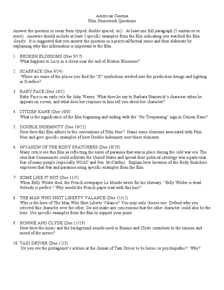 American Cinema Film Essay Questions | PDF | Film Noir | Question
