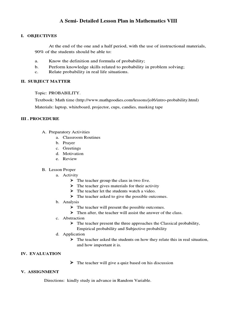A Semi-Detailed Lesson Plan in Mathematics VIII: I. Objectives | PDF