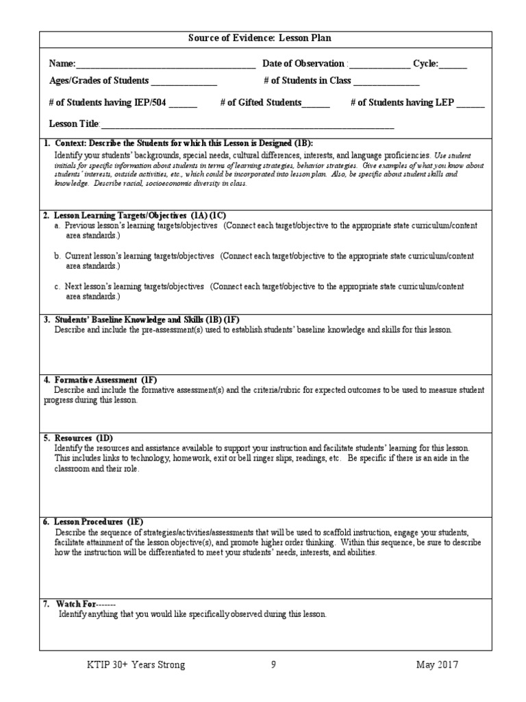 KTIP Lesson Plan Template Guide | PDF | Lesson Plan | Educational ...