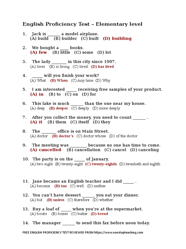 English Proficiency Test Sample Questions | PDF