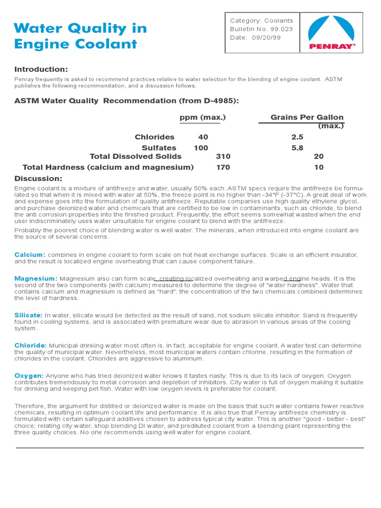 Water Quality in Engine Coolant PDF PDF Chemical Compounds Water