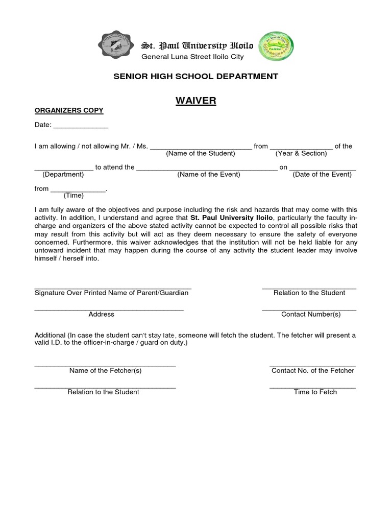 St. Paul University Iloilo Waiver Form | PDF