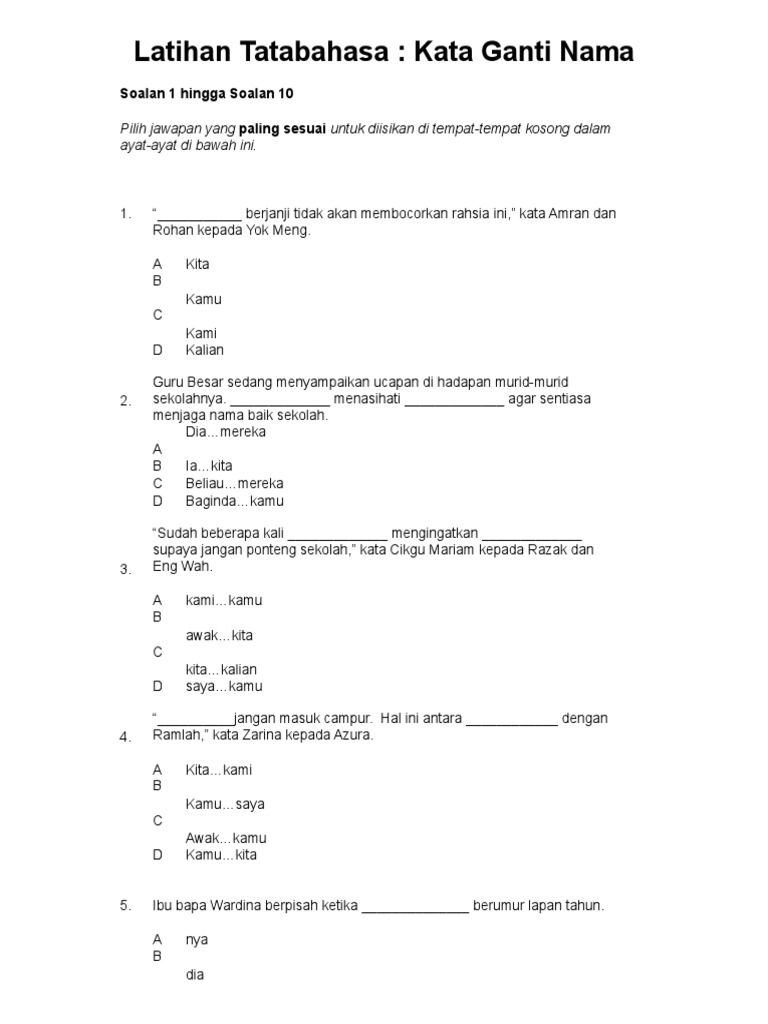 Kata Ganti Nama Diri Latihan 1 Pilihan Objektif Pdf