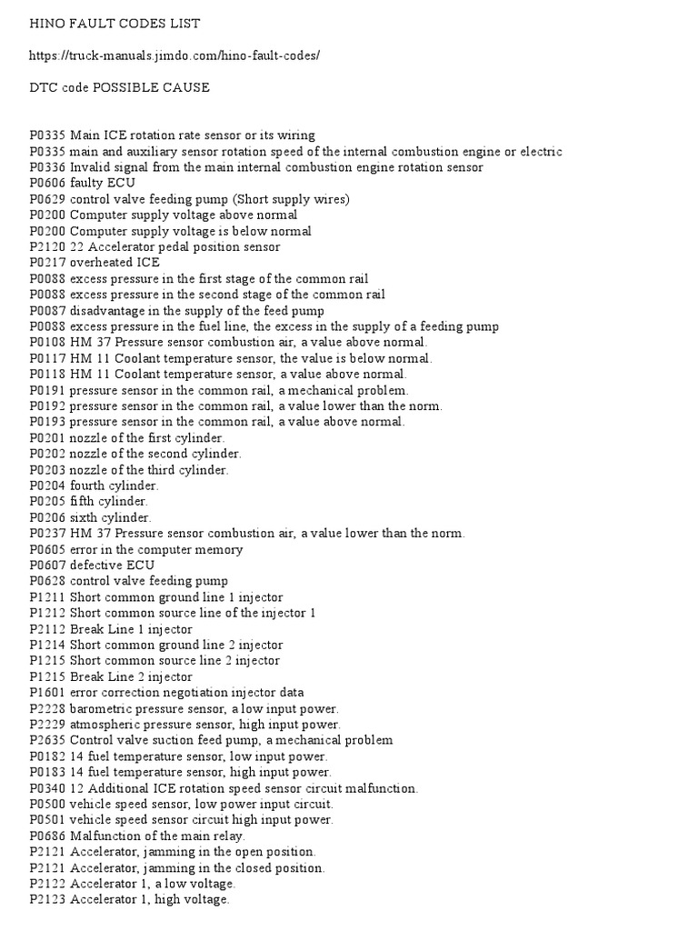 Hino Fault Codes List | Throttle | Fuel Injection
