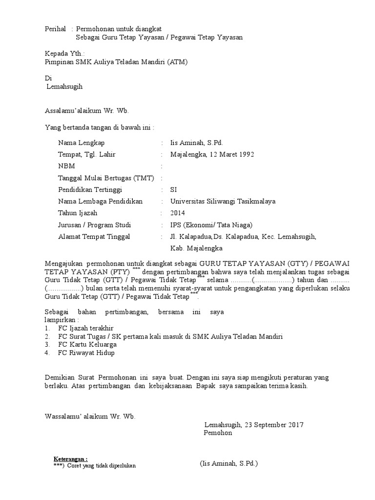 Surat Permohonan Pengangkatan Guru Tetap