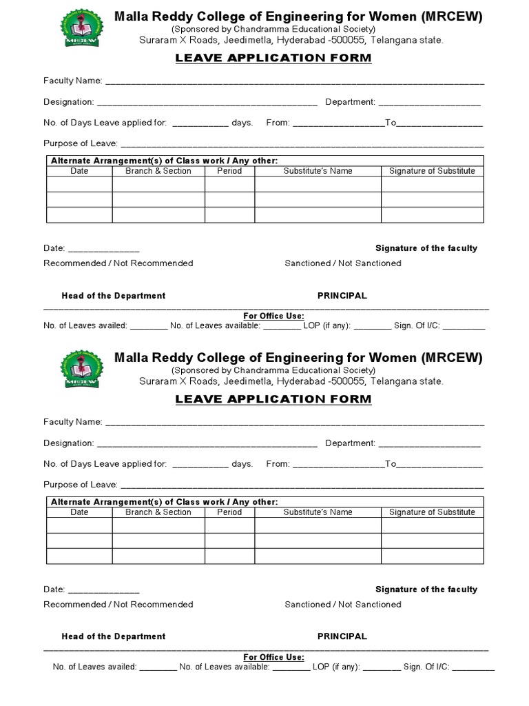 Leave Application Form: Suraram X Roads, Jeedimetla, Hyderabad - 500055 ...