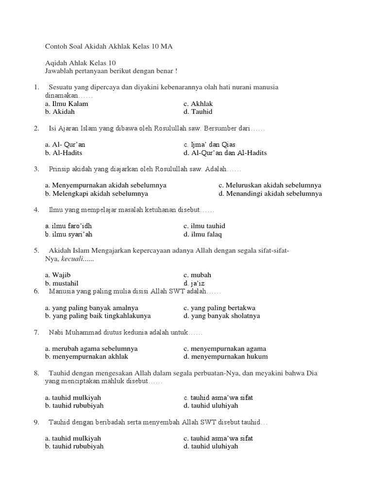 Contoh Soal Akidah Akhlak Kelas 10 MA