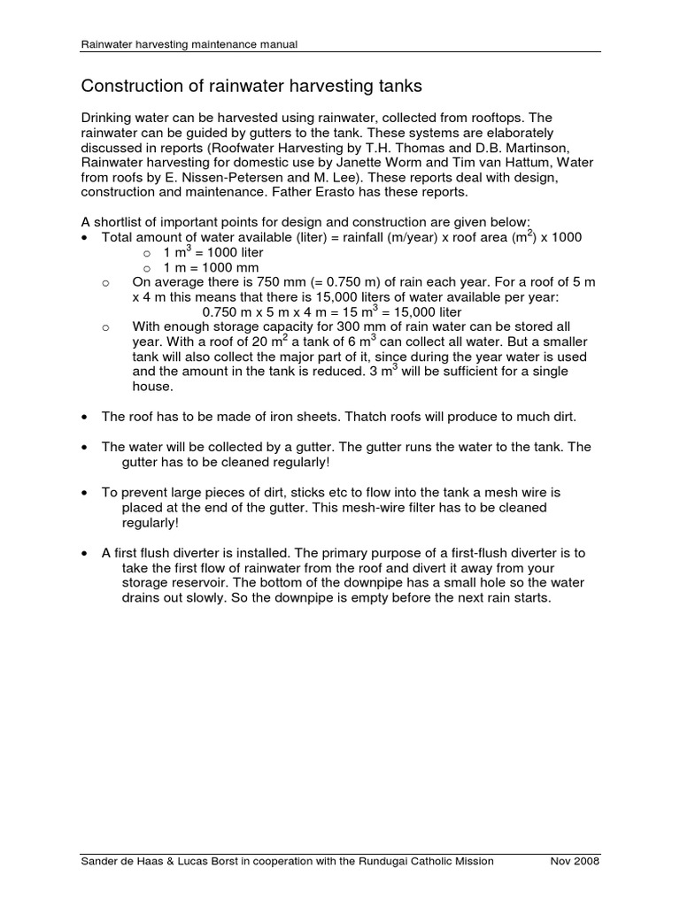 Rainwater Harvesting Maintenance Guide | PDF | Water Supply ...