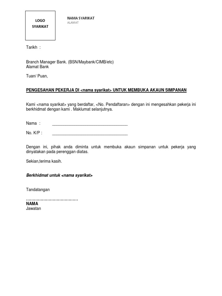 surat pengesahan akaun bank