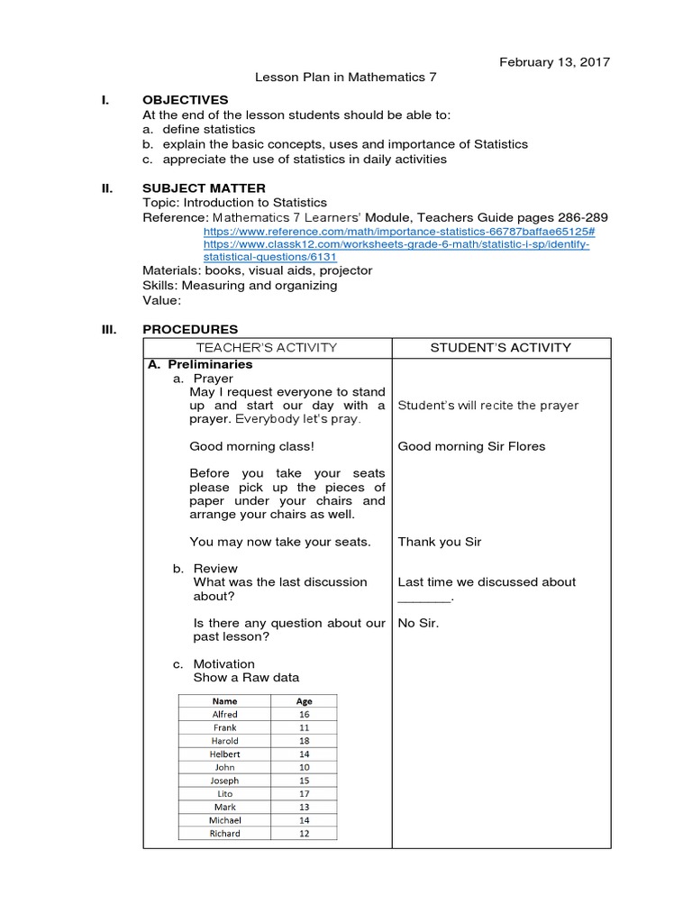 Lesson Plan in Mathematics 7 | Statistics | Lesson Plan