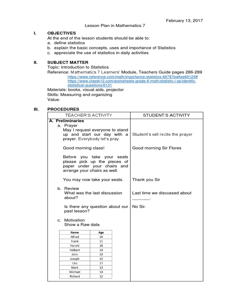 Lesson Plan in Mathematics 7 | Statistics | Lesson Plan