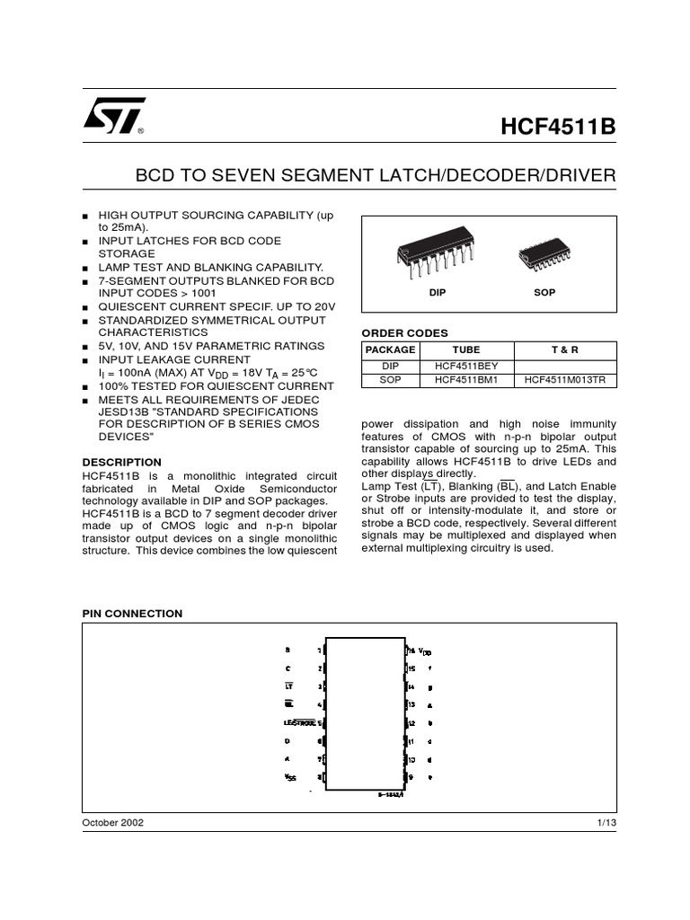 HCF4511B: BCD To Seven Segment Latch/Decoder/Driver | PDF | Cmos ...