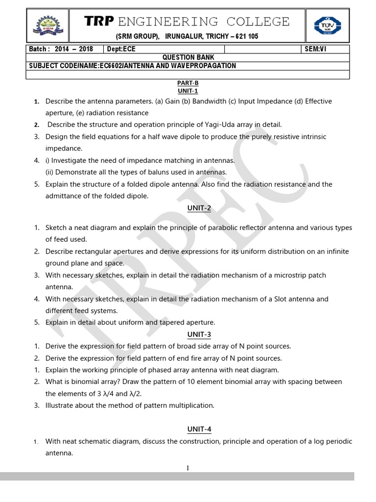 Antenna and Wave Propagation Question Bank Covering Key Concepts Across