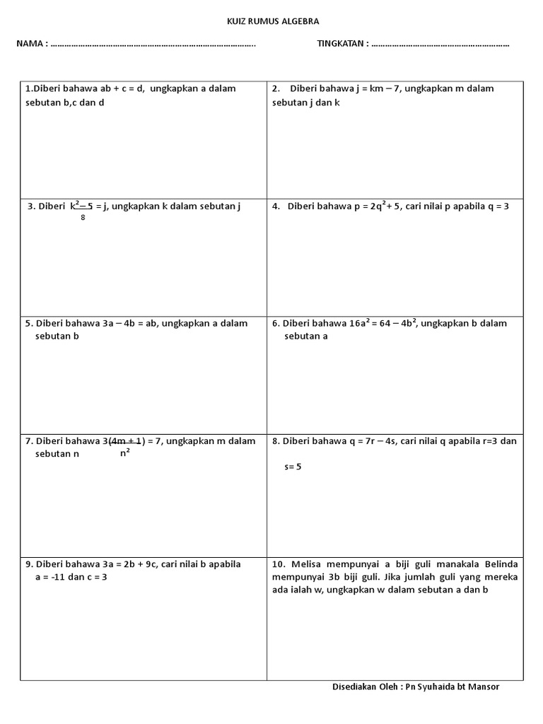 Kuiz Rumus Algebra Pdf