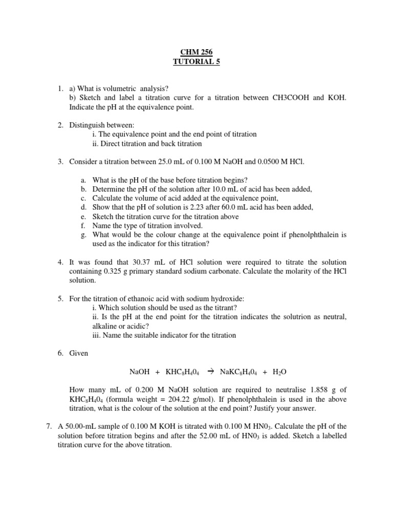 Chm256 Tutorial 5 Titration Chemistry