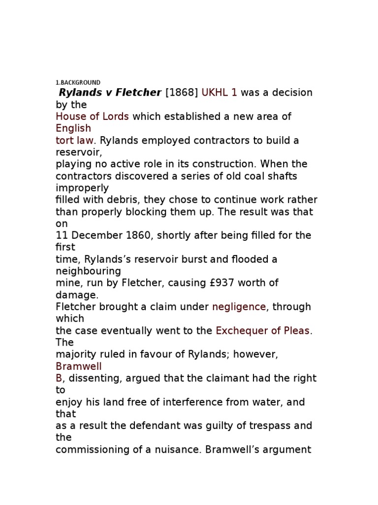 Rylands V Fletcher (1868) : Ukhl 1 House of Lords English Tort Law ...