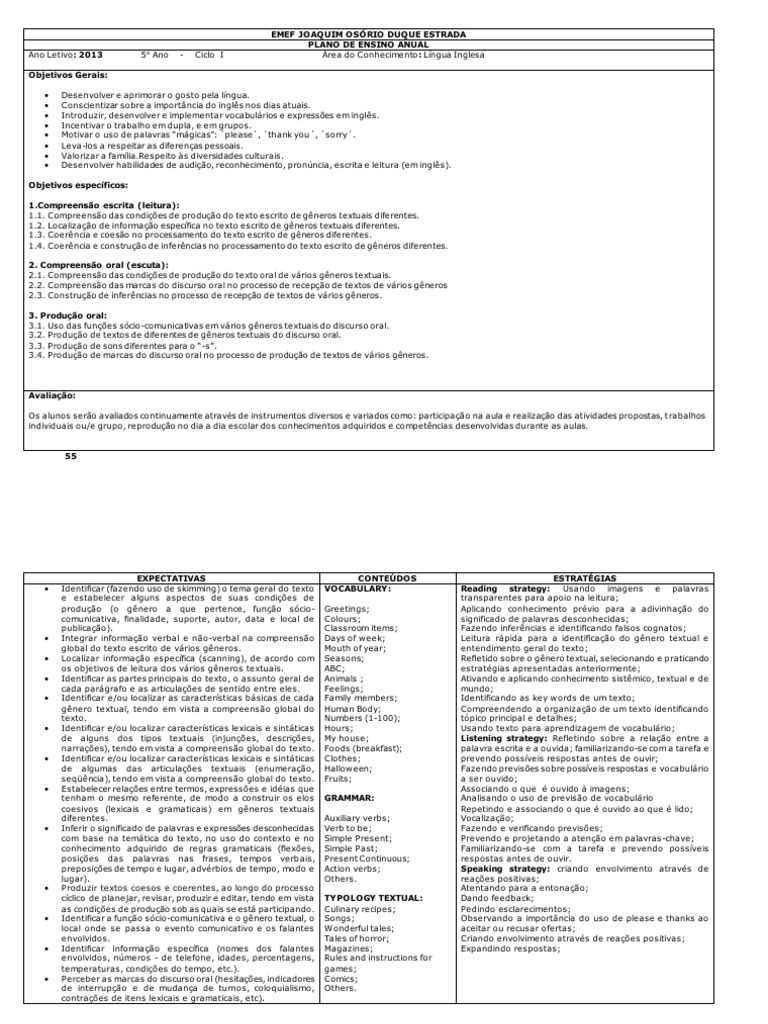 Plano Anual de Ensino de Inglês 5º Ano | PDF | Discurso | Informação