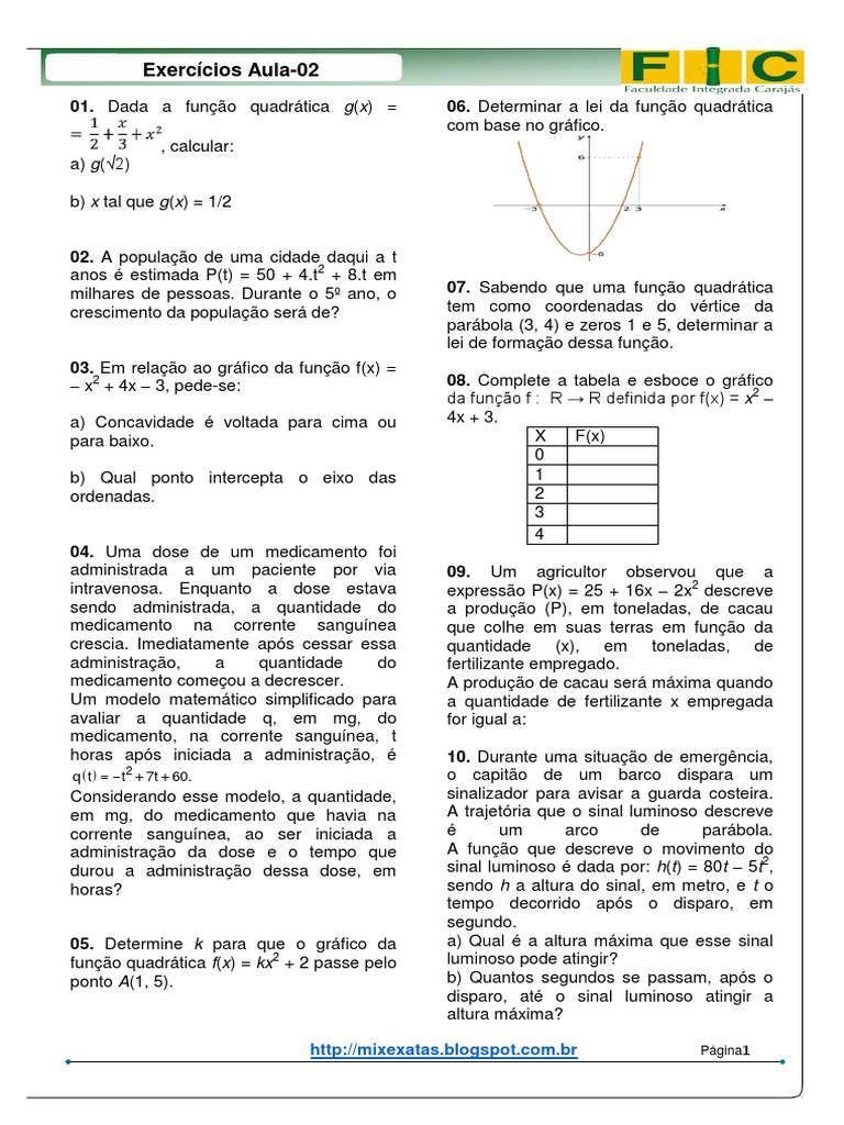 Exercícios sobre Função Quadrática | PDF | Função (Matemática) | Ensino ...