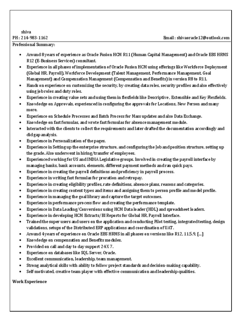 Oracle Fusion HCM Consultant Profile | PDF | Oracle Database ...