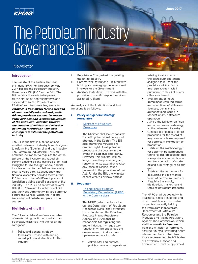 KPMG Newsletter On The Petroleum Industry Governance Bill Download