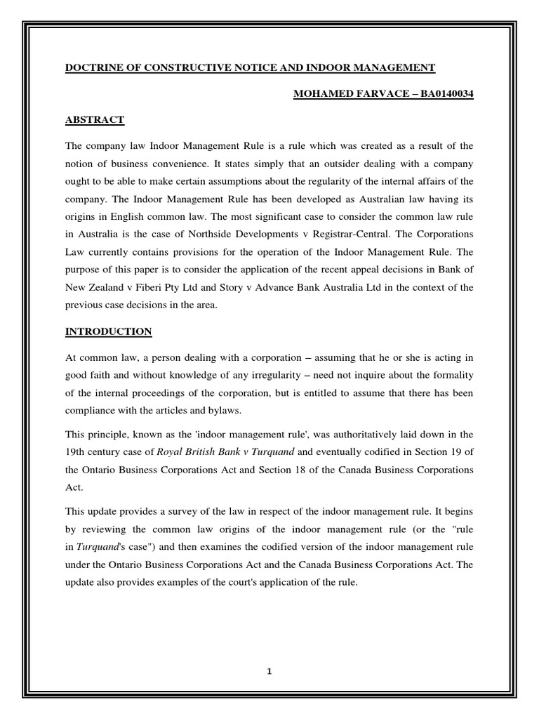 Constructive Notice vs. Indoor Management | PDF | Corporations | Common Law