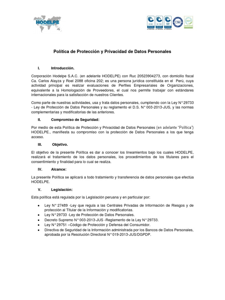 costilla Torrente más Política de Protección y Privacidad de Datos Personales. | PDF | Privacidad  de la información | Información del gobierno