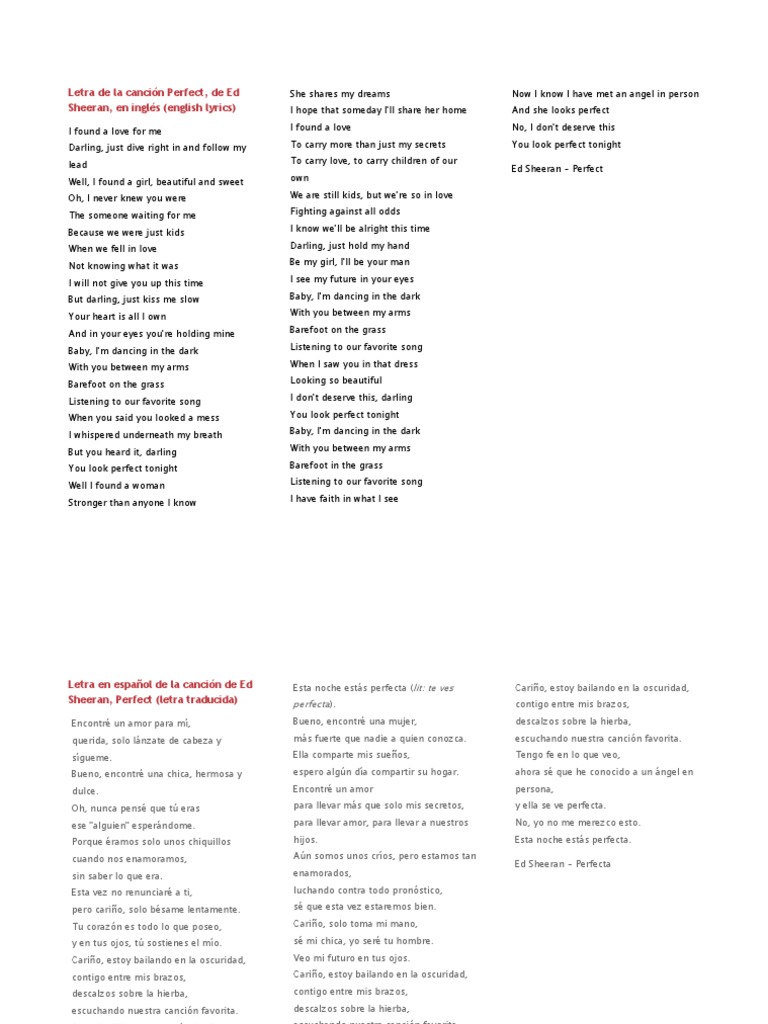 Letra de La Canción Perfect PDF Love Leisure