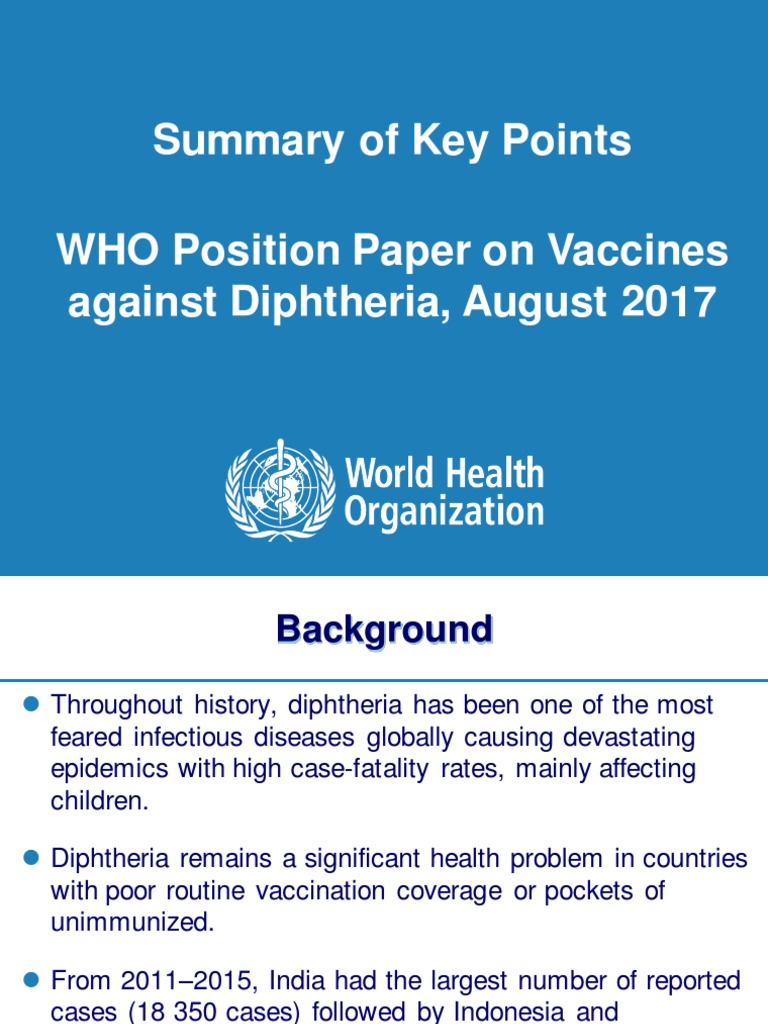 Summary of Key Points WHO Position Paper On Vaccines Against Diphtheria ...