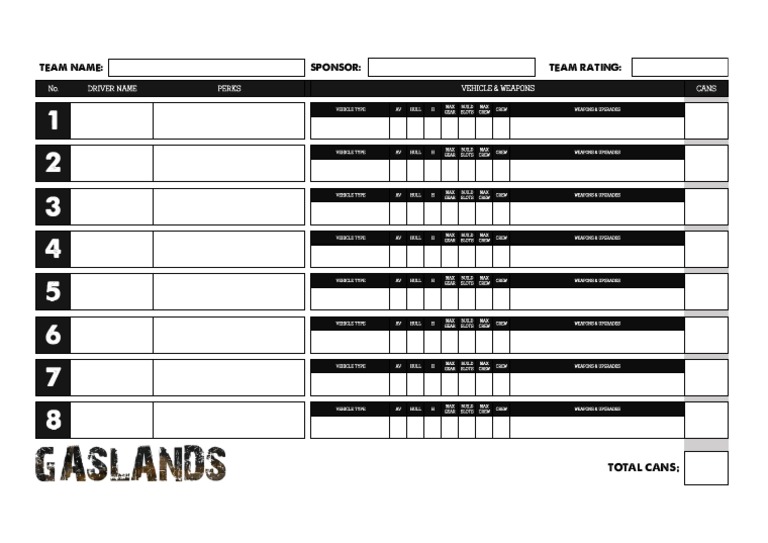 Gaslands Printable Roster