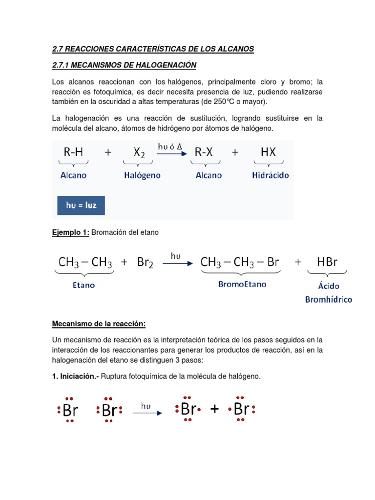 Halogenación de Alcanos: Ejemplos y Mecanismos | PDF | Radical (Química ...