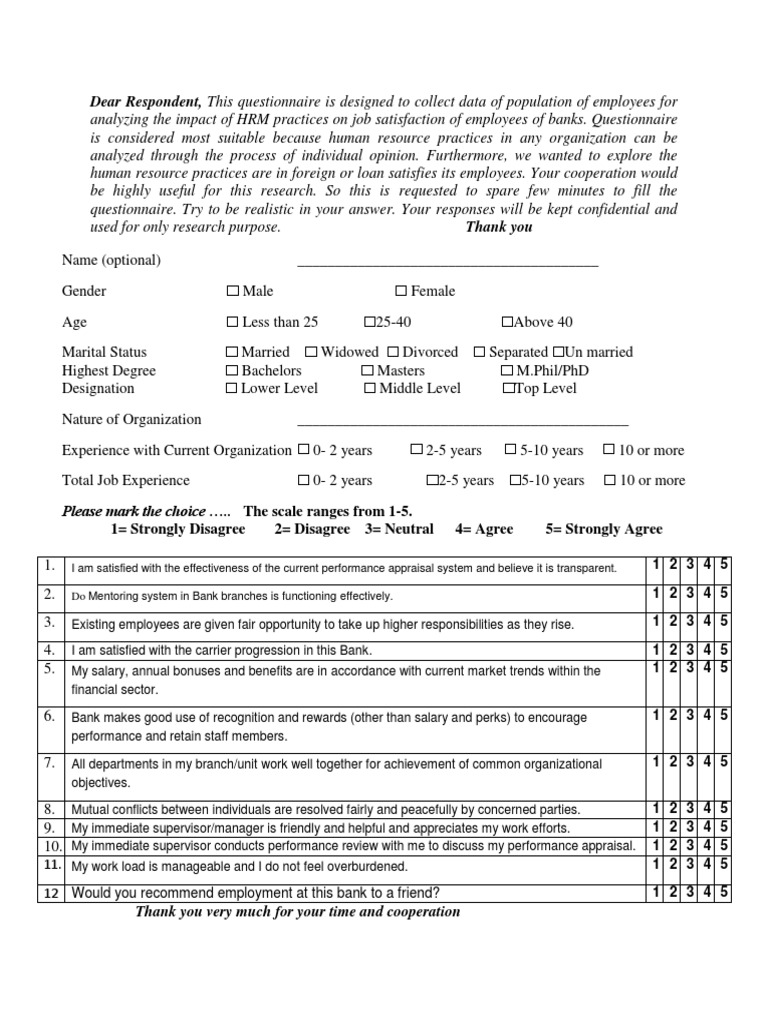 HRM Practices and Job Satisfaction Survey | PDF | Performance Appraisal ...