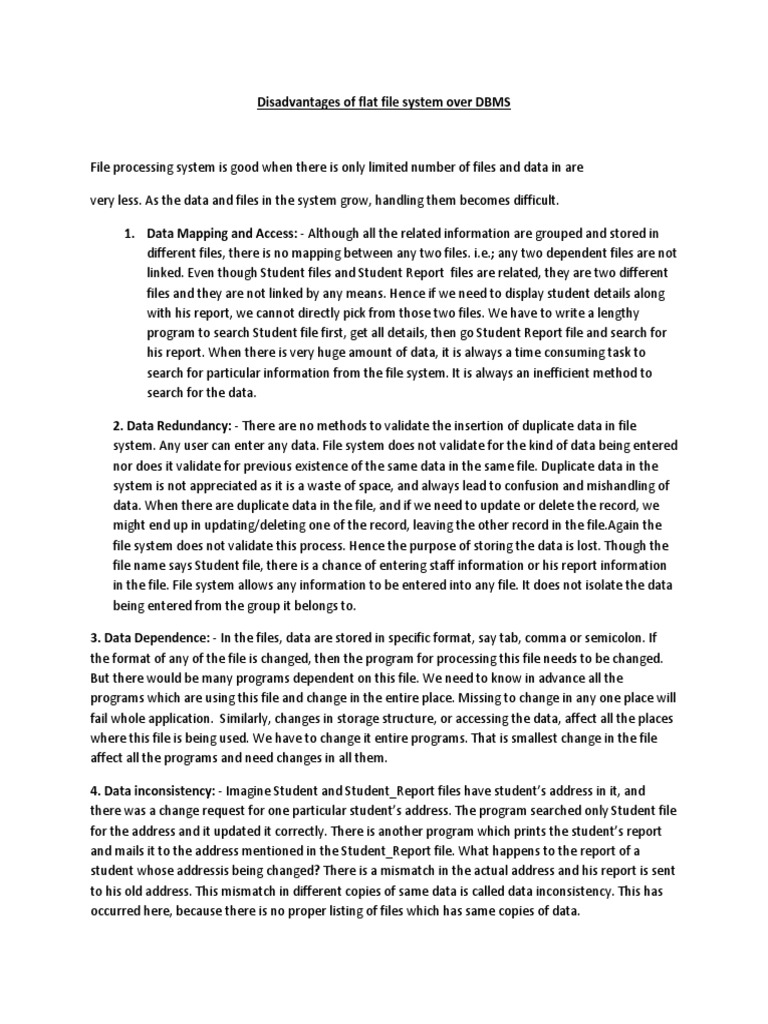 Disadvantages of Flat File System Over DBMS File System Database