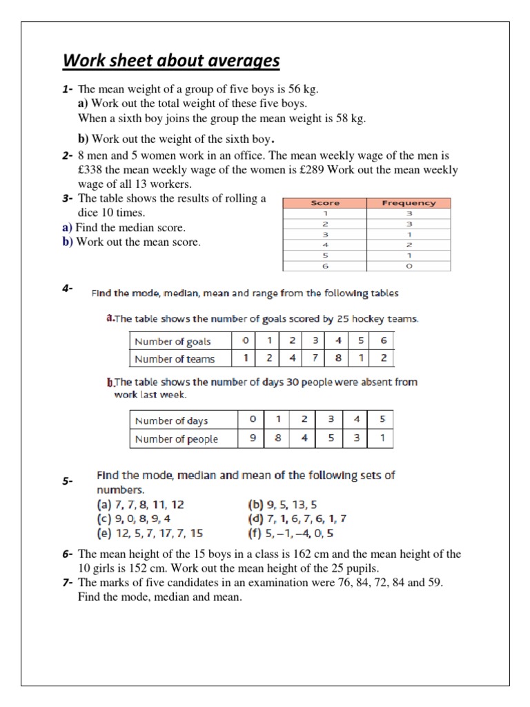 Averages Worksheet for Students | PDF | Wellness