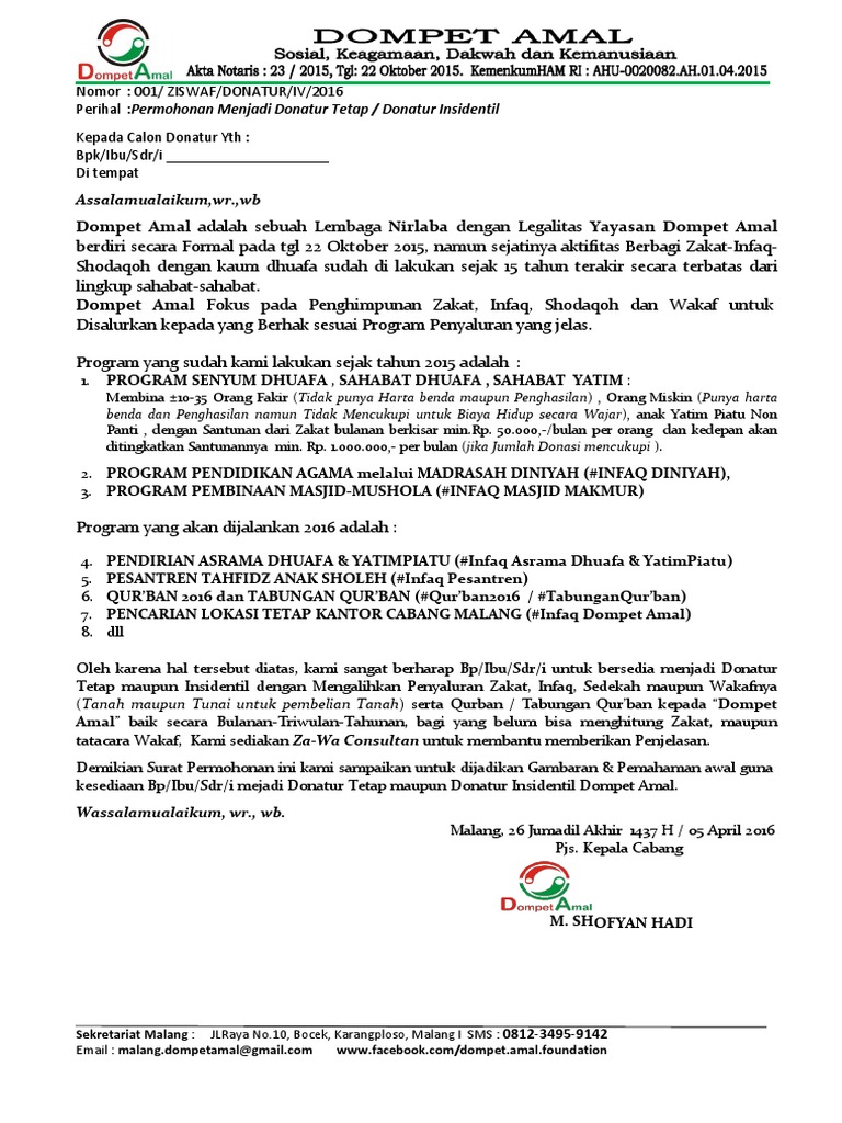 Surat Permohonan Menjadi Donatur Ziswaf